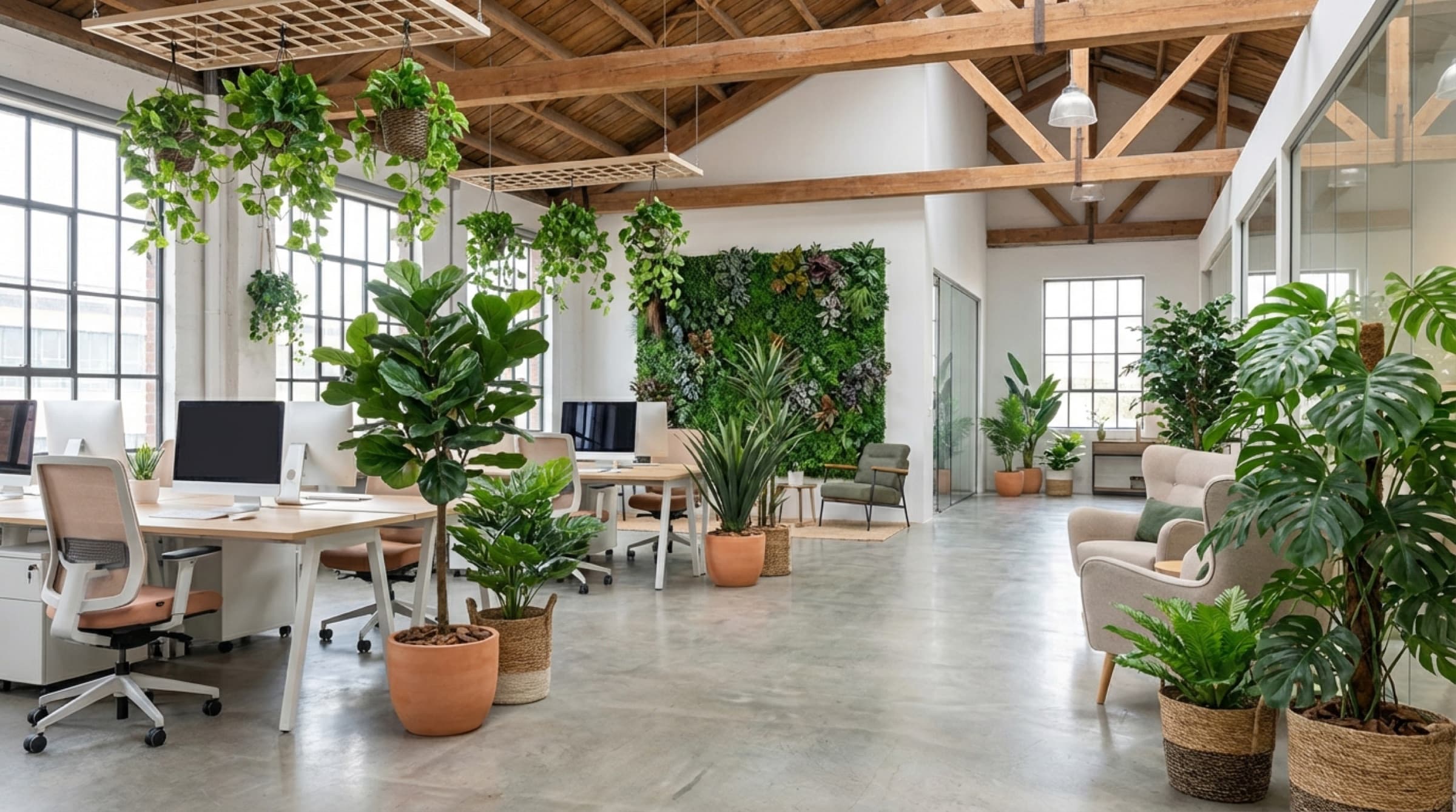 Loft-Büro mit vertikalem Garten aus Kunstpflanzen