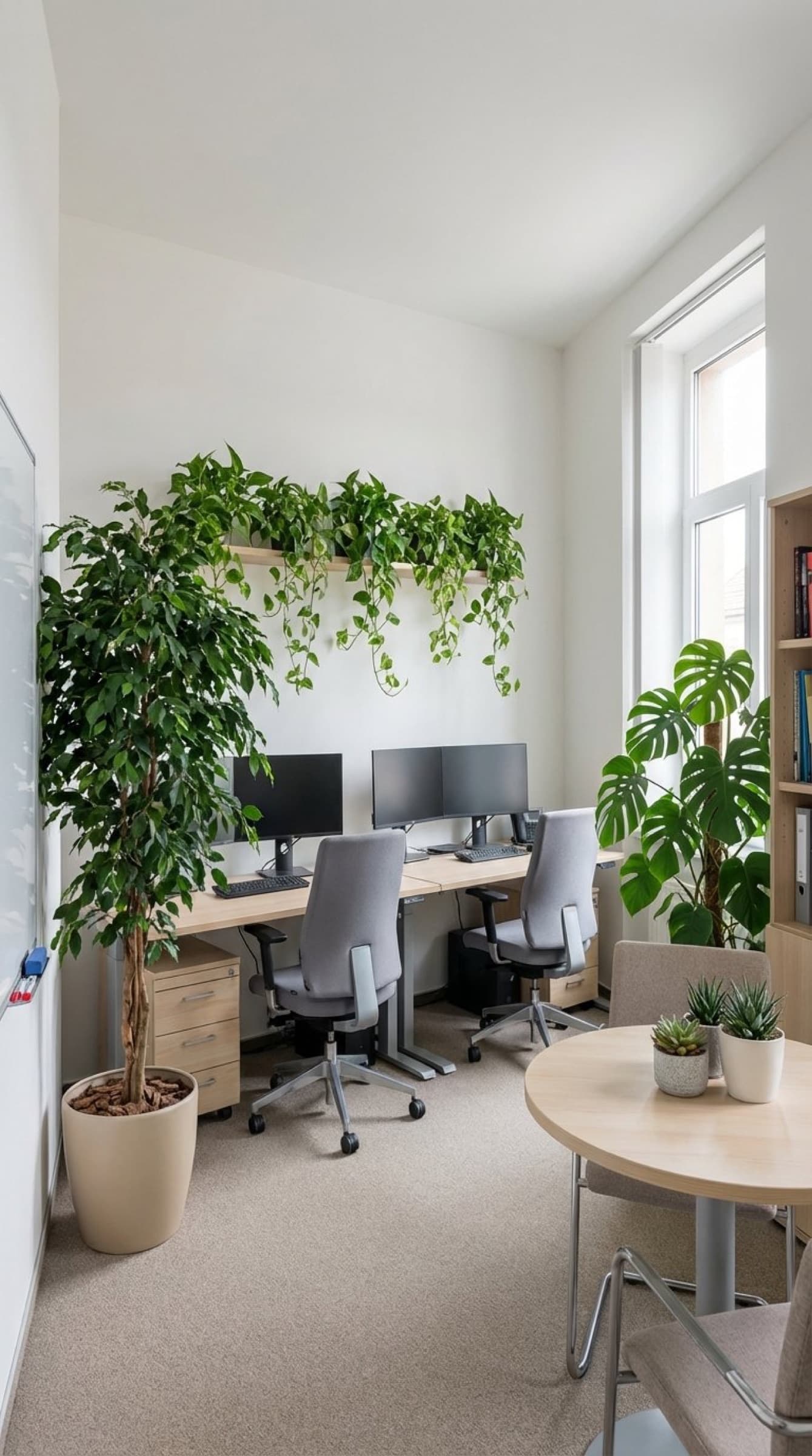 Kleines Büro mit hängenden Kunstpflanzen